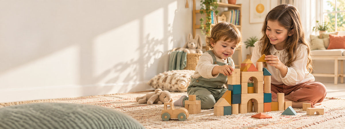 Dos hermanos jugando juntos con bloques de madera en una habitación luminosa