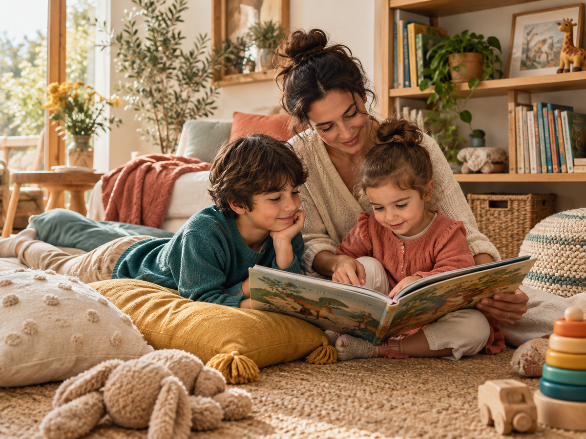 Una familia compartiendo un cuento en un rincón de lectura acogedor